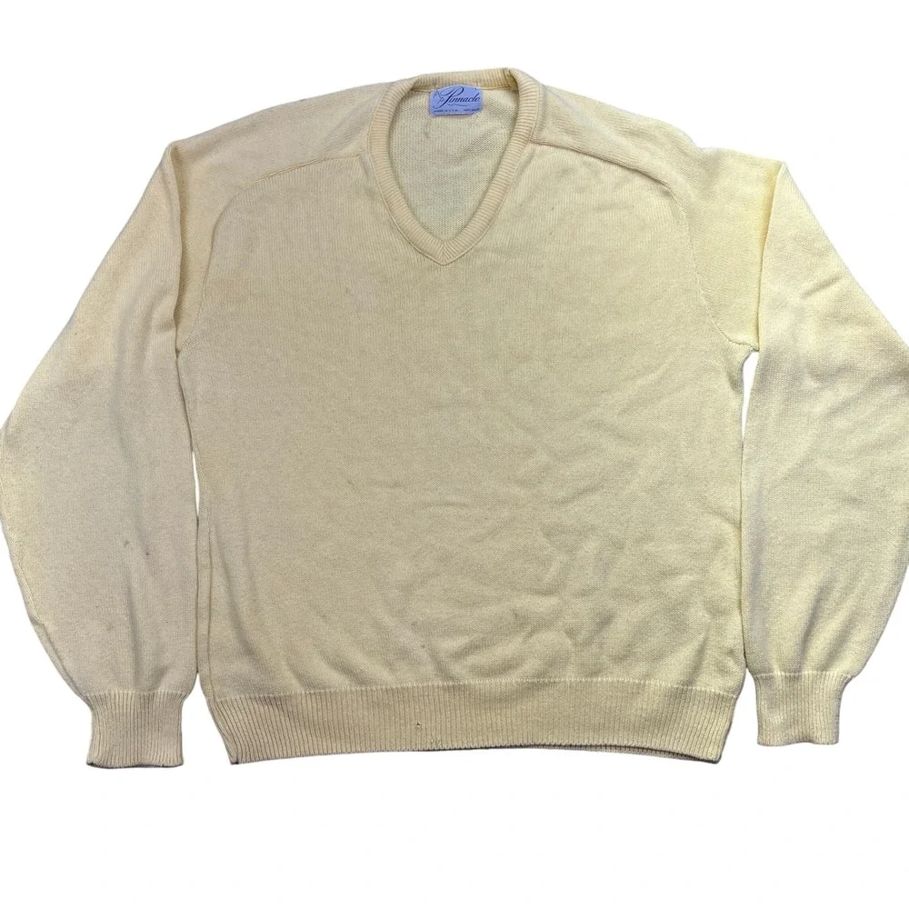 VTG Pinnacle Cotton V-Neck Sweater‎ Classic Knitwear Soft Yellow Pullover Sz M